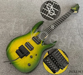 Lvybest 7 Strings Elektro Gitar Floyd Rose Tarzı Tremolo Alev Üst Yeşil Patlama Siyah Açık Kutup Manyetikler Abanoz Klavye Ücretsiz