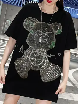 4XL Elmas Ayı baskı t-shirt Streetwear Gevşek Yaz Pamuk T Shirt Kadın Harajuku Punk Kısa Kollu Üstleri Tee Hip Hop Tişörtleri
