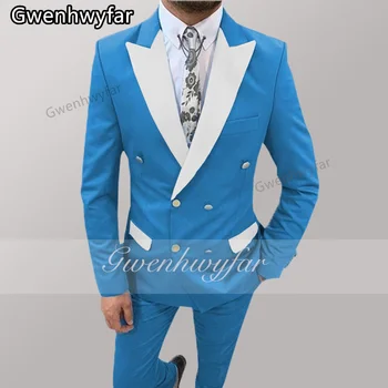 Gwenhwyfar 2022 Son Mavi erkek Düğün Takımları Beyaz Çentikli Yaka erkek Takım Elbise 2 Parça Ceket Pantolon Giyim Homme Mariage