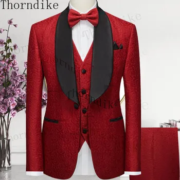Thorndike Kruvaze Groomsmen Bordo Desen Damat Smokin Şal Yaka Erkek Takım Elbise Düğün (Ceket + Pantolon + Yelek )