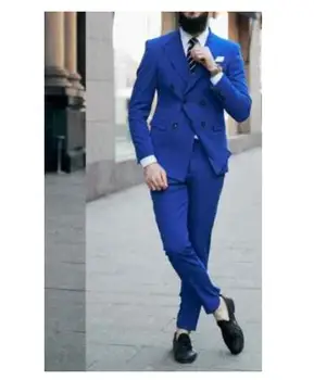 Moda Sarı / Kraliyet mavi Kruvaze Groomsmen Takım Elbise Rahat Damat Smokin erkek Düğün Parti Blazers Setleri Trajes de hombre