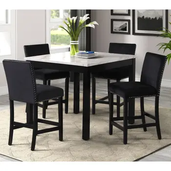 bir Adet Suni Mermer Yemek Masası ve Dört Adet Döşemeli Koltuklu Sandalyeli 5 parçalı Tezgah Yüksekliği Yemek Masası Seti