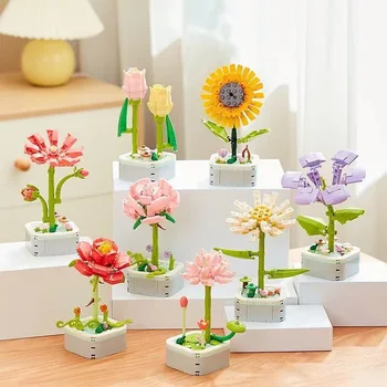Tek Satış Saksı Çiçekleri Blok Dıy Lale Karanfil Zambak Sümbül Leylak Dekor yapı tuğlası oyuncağı Kızlar Çocuklar İçin