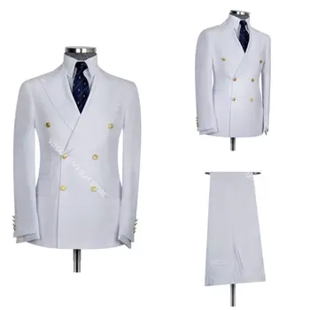 Klasik Beyaz Düz Renk Erkek Takım Elbise Doruğa Yaka Blazer Custom Made Kruvaze Parti Balo Ceket Smokin