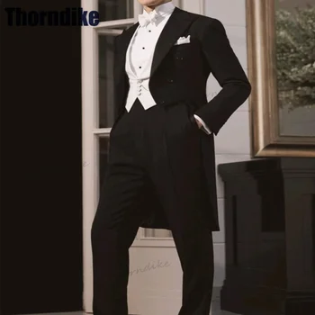 Thorndike Özelleştirilmiş Siyah Erkek Takım Elbise Seti Resmi Uzun Takım Elbise Erkekler için Set Düğün Damat Tailcoat Smokin Tek Göğüslü Kostüm Homme