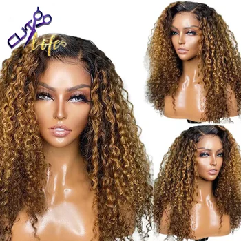 Ombre Kahverengi Renkli Afro Kinky Kıvırcık Peruk 13x4 HD Dantel ön peruk Tutkalsız Brezilyalı İnsan Saç Dantel Peruk Siyah Kadınlar İçin