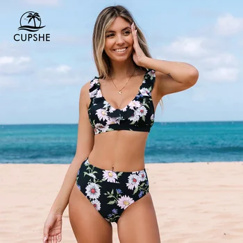 CUPSHE Siyah Çiçek Ruffled Yüksek Bel Bikini Setleri Mayo Kadınlar İçin Seksi İki Adet Beachwear 2023 Mayo Mayo