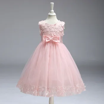 Yeni Varış Çiçek Kız Elbise Çocuk Kolsuz Dantel 3D Çiçek Elbise Yay ile Çocuklar Communion Elbise