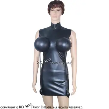 Siyah Seksi Lateks Elbiseler Şişme Göğüsler Fermuar Geri Kauçuk Bodycon Tulum Artı Boyutu LYQ-0003