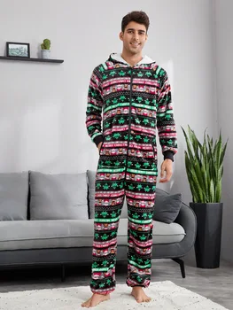Erkekler Noel Kapşonlu Onesies Kış Onesie Pazen Fermuar Tulum Kostüm Yetişkin Pijama Pijama