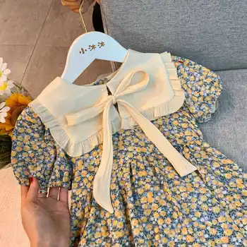 Kız elbisesi 2023 Yaz Tatlı Pamuklu Bebek Boyun Parçalanmış Çiçek Prenses Elbise Moda İnce Gevşek evaze elbise