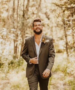 Yaz Kahverengi Çentik Yaka Custom Made Düğün Erkek Takım Elbise Terno Masculino Damat Balo Parti Slim Fit Blazer 2 Adet Ceket + pantolon