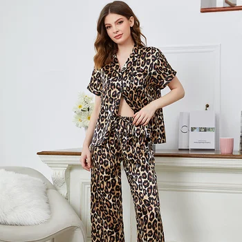 Yeni Stil Dört Mevsim Pijama Moda Seksi Leopar Gecelik kadın Pijama Buz İpek Kısa Kollu Rahat Pijama Seti