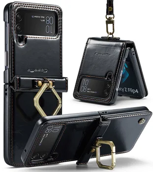 Lüks Çılgın At Flip Deri samsung kılıfı Galaxy Z Flip 4 3 5G Kart Cüzdan telefon kılıfı Kordon İle Parmak Yüzük Fundas