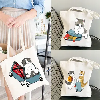 Japonya Mofusand Kedi Beyaz kanvas Kadın Alışveriş Çantaları Hayvan Kız bez omuz çantaları Kullanımlık Shopper Öğretmen Öğrenci Kitap Çantaları