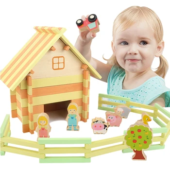 Montessori DIY Ev oyuncak inşaat blokları Çiftlik Hayvanları Seti Ahşap Ev Montaj Eğitici Oyunlar Mini Model Oyuncaklar Çocuklar İçin