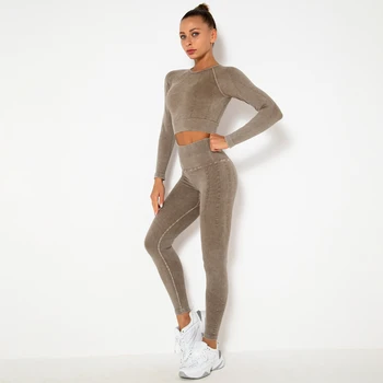 2023 Yeni Yıkama Dikişsiz Fitness Yoga Seti 2 ADET Seksi Uzun Kollu Kırpma Üst Kırpılmış Üst Sutyen Canlılık Tayt Egzersiz Spor Takım Elbise