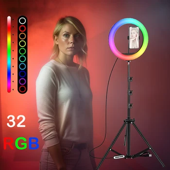 32 Renk LED RGB Selfie halka ışık Daire Video Dolgu Yuvarlak Lamba Aydınlatma Fotoğrafçılığı Halka Işık ile telefon tutucu tripod standı