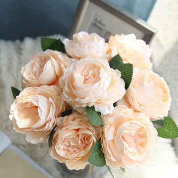 Yapay çiçekler Tek Gül DIY Gelin Buketi Büyük Kafa Pembe İpek Şakayık Ucuz Sahte Çiçek Ev Düğün Dekorasyon için Kapalı