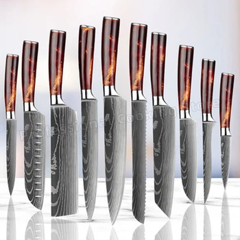 Paslanmaz Çelik Şam Şam Desen şef bıçağı Et Cleaver Dilimleme Yardımcı Pişirme mutfak bıçağı Seti Ev Bıçak