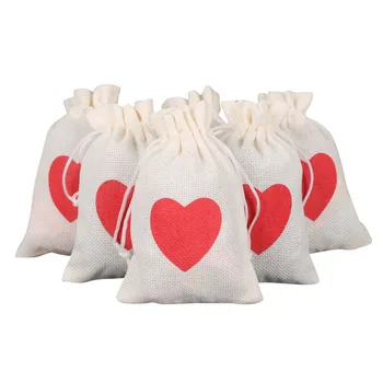 50 adet / grup 10x14cm Keten Kırmızı Kalp Baskı İpli Çanta Düğün Şeker hediye Paketi Takı Ambalaj Ev Eşyası saklama çantası