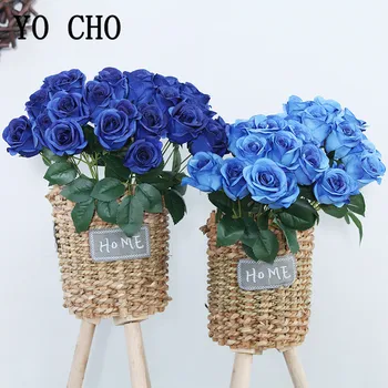 12 Kafaları / Demet İpek Güller Gelin Buketi Kraliyet Mavi Sahte Gül buket çiçekler Ev Düğün için Kemer masa süsü yapay çiçek