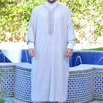 Yeni 2023 Uzun Kollu Müslüman Elbise Abaya Erkekler için İslam Eid Mubarak Kameez Thobe Müslüman Etnik İşlemeli Erkek Elbise Erkekler Suudi Elbise