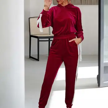 1 Takım Kadın Kazak Sweatpants Şerit Elastik Bel Eşofman Spor Kadife Kapşonlu Elastik Manşet İki Parçalı Set Streetwear