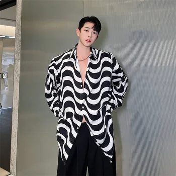 2023 Kore Moda Vintage Dalgalı Baskı Uzun Kollu Gömlek Erkek Harajuku Rahat İpeksi Bluz Chemise Homme