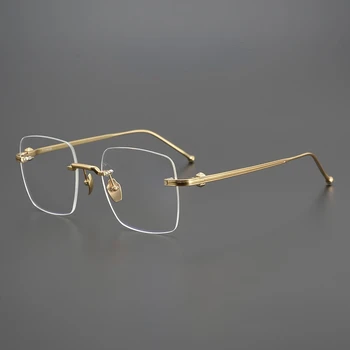 Japon Saf Titanyum Kare Çerçevesiz Gözlük Çerçeveleri Kadın Moda Reçete Gözlük Erkekler Lüks Klasik El Yapımı Gözlük
