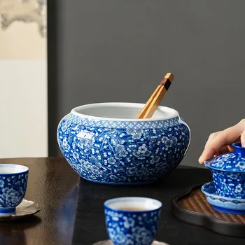 Erik Çay Yıkama Çin Kase Çay Havzası Seti Beyaz Ve Mavi Porselen Fincan Kalem Yıkama Çay Töreni Eşyaları Jianshui