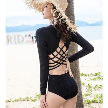 Seksi Backless Çapraz Tek Parça Mayo Uzun Kollu kadın bikini takımı Kore Retro Bikini Vintage Bodysuits Sörf Yüzmek