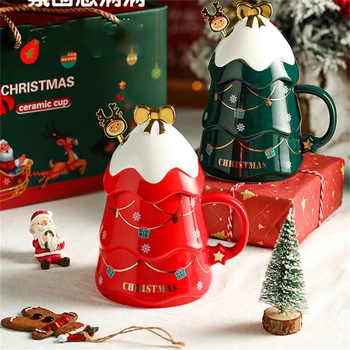 Yaratıcı Büyük Noel Karikatür Seramik Kupa Hediye kapaklı kutu kapak kolu Kaşık Kızlar Çift Bardak Süt Kahve İçme Bardağı