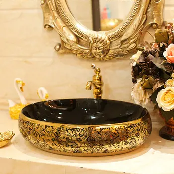 Lüks Altın Çiçekler Oval Porselen Tezgah Üstü Banyo Lavabosu