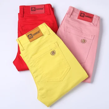 2023 Yeni erkek Kot Klasik Tarzı İş Moda Pembe Kırmızı Sarı Streç Slim Fit Düz Kot Pantolon Erkek Marka Pantolon
