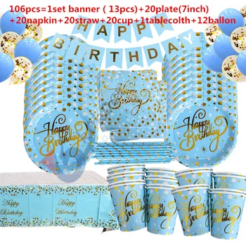 Mutlu Doğum Günü Bronzlaşmaya Altın Mavi Tek Kullanımlık Sofra Setleri Kağıt Peçeteler Tabaklar Yetişkin Doğum Günü Partisi çocuklar Bebek Duş Dekor