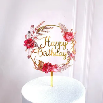 Ins Doğum Günü Pastası Plaka Akrilik Renkli Baskı Çiçek Düğün Parti Pişirme Kek Topper Şapka Dekorasyon