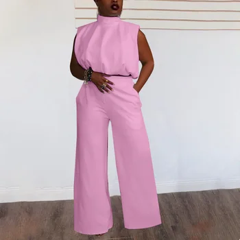 Gotoola 2023 kadın Moda Rahat Kolsuz Geri Düğmesi İçi Boş Üst Gevşek Alevlendi Pantolon Düz Renk İki Parçalı Set
