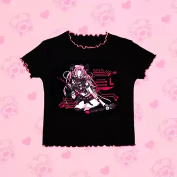 2023 Uzun Kollu siyah tişört Karikatür Baskı Y2k Punk Kırpma Üst Japon Harajuku Kawaii Kısa Tee Gömlek Kızlar Grafik T Shirt