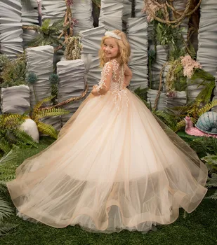 Kabarık Tül Dantel Şampanya Çiçek Kız Elbise Uzun Kollu Prenses Elbise Illusion Kız Düğün Parti Elbise İlk Communion Elbise