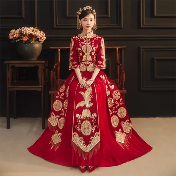 Seksi Kadın Cheongsam Xiuhe Evlilik Elbise Takım Elbise Phoenix Nakış Gelin Gelinlik Çin Geleneksel Abiye giyim