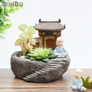 1 Adet Budizm Tapınağı Reçine Saksı çiçeklik Keşiş Yeşil Bitkiler Konteyner ev bahçe dekorasyonu Bonsai Saksı