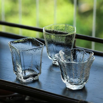 Japonya Buzlu Sekizgen çay bardağı Kare Ana Bardak Kristal Cam Çekiç Göz Desen Küçük çay bardağı ısıya dayanıklı Kung Fu çay seti