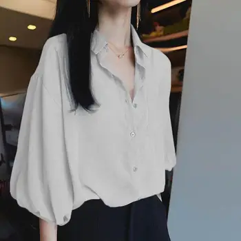 Ince Rahat Bahar Yaz Katı Düğme İş Rahat Gevşek Turn-aşağı Yaka Bluzlar Üç Çeyrek Kollu kadın Giyim