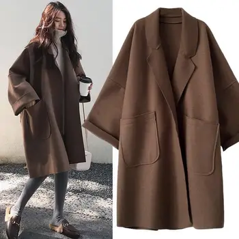 Zarif Yün Trençkot Kış Kadınlar için Vintage Rüzgarlık Ceket Orta Uzunlukta Gevşek Turn-Aşağı Yaka Artı Boyutu 4XL Hırka