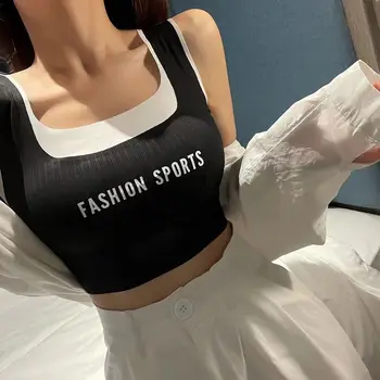 2021 Yaz kadın Spor Yelek Sahte İki Parçalı Buz İpek Göğüs Pedi İle Dış Giyim Mektup Trend Kısa İnce İnce Tank Top