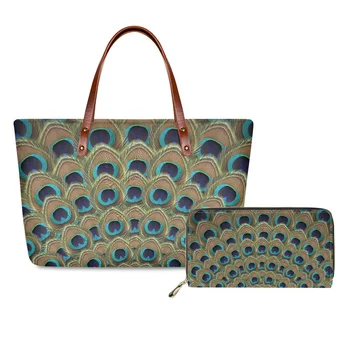 Özel Tavuskuşu Tüyü Yayılmış Tasarımcı kadın İş Rahat Alışveriş kol çantası Çanta Fermuar uzun cüzdan 2 Parça Set