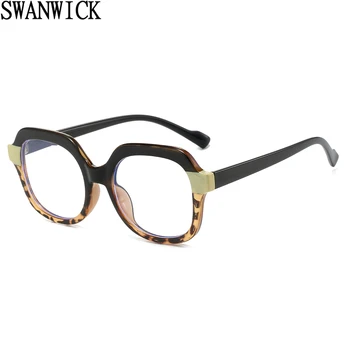 Swanwıck anti mavi ışık gözlük erkekler için TR90 yuvarlak gözlük çerçevesi kadın poligon Avrupa tarzı moda kahverengi leopar şeffaf lens