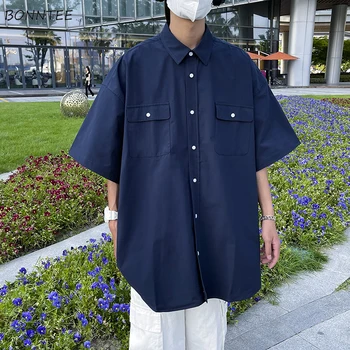 Erkek Gömlek Japon Kargo Giyim Yüksek Sokak Yakışıklı Tüm Maç Saf Renk Hip Hop Ulzzang Rahat Yaz Chemise Homme Günlük