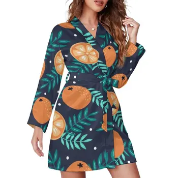 Boho Portakal Pijama Bornoz Yeşil Yapraklar Baskı Uzun Kollu Eğlence Pijama Elbiseler Kadın V Boyun Yumuşak Pijama Sonbahar Baskılı Elbise